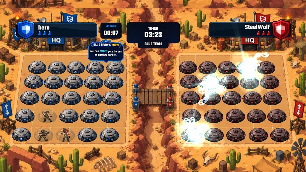 Desert battlefield: two bunker grids facing off across a bridge