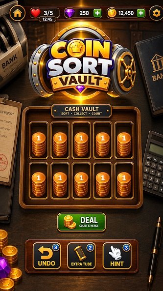 Coin Sort Vault gameplay: sorting coin stacks in the Cash Vault