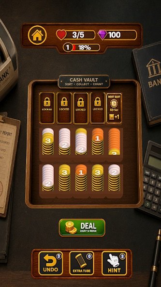 Coin Sort Vault mid-level with mixed coin tiers and locked tubes
